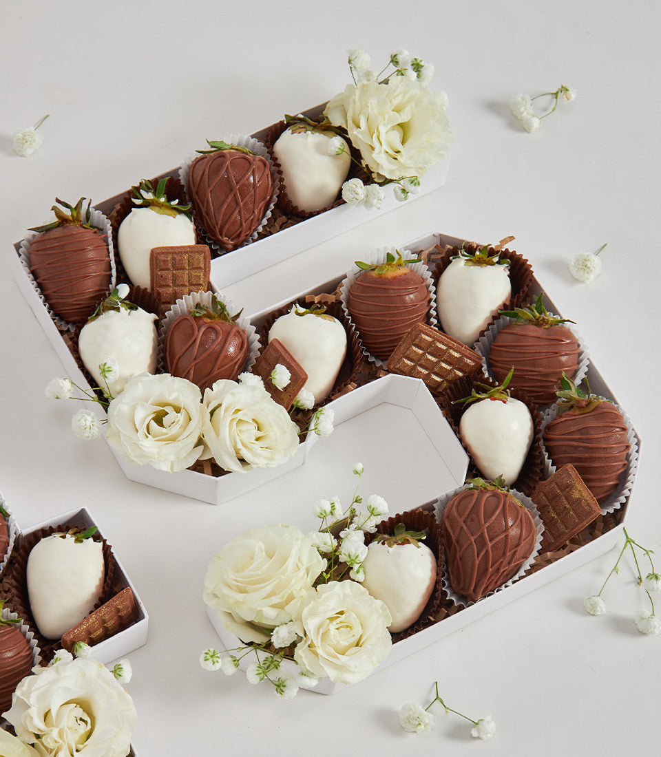 Elegant number 5 chocolate strawberry gift boxes with white roses for milestone birthdays