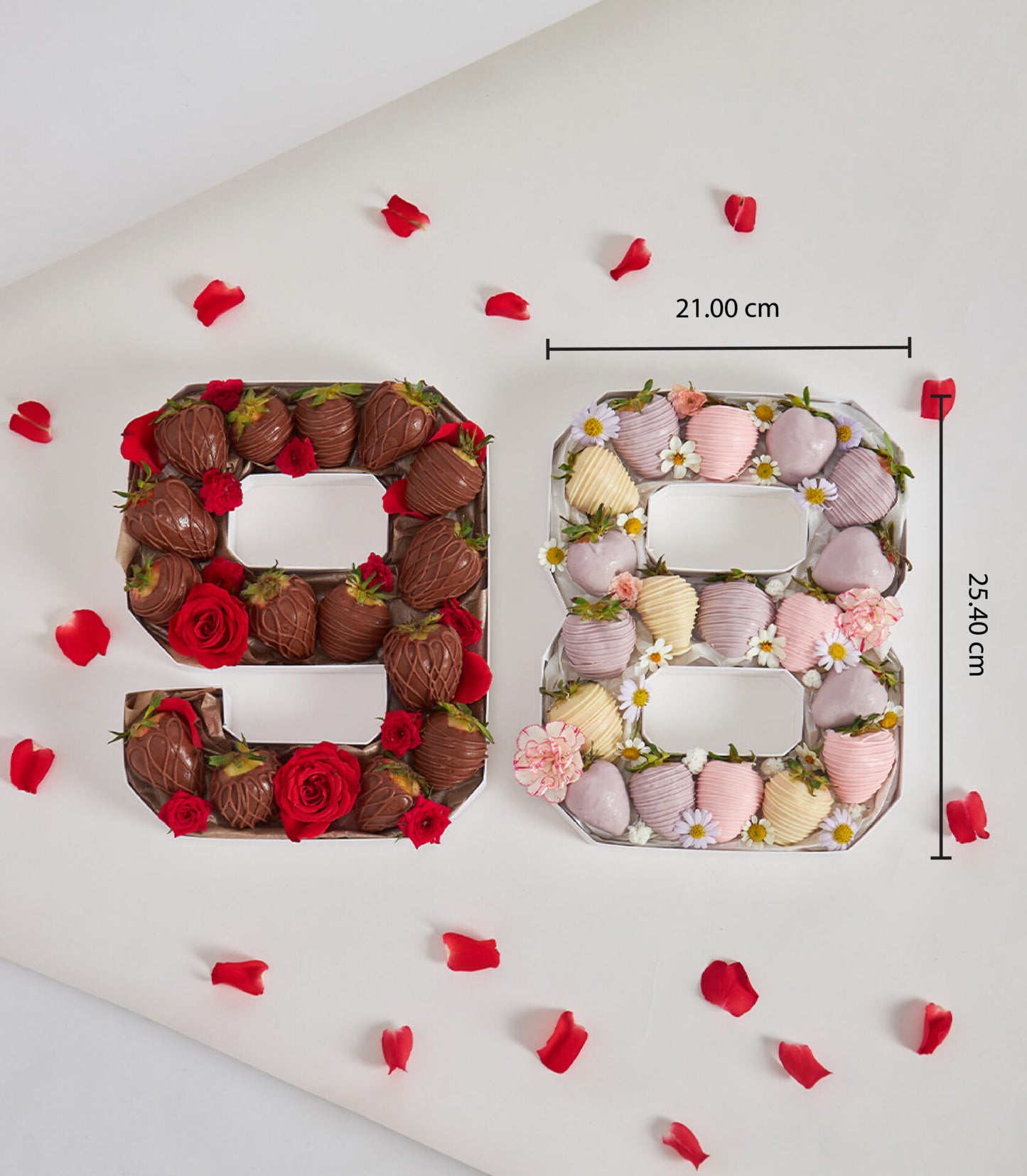 Customizable number-shaped boxes filled with chocolate-covered strawberries, milk and white chocolate varieties with fresh
