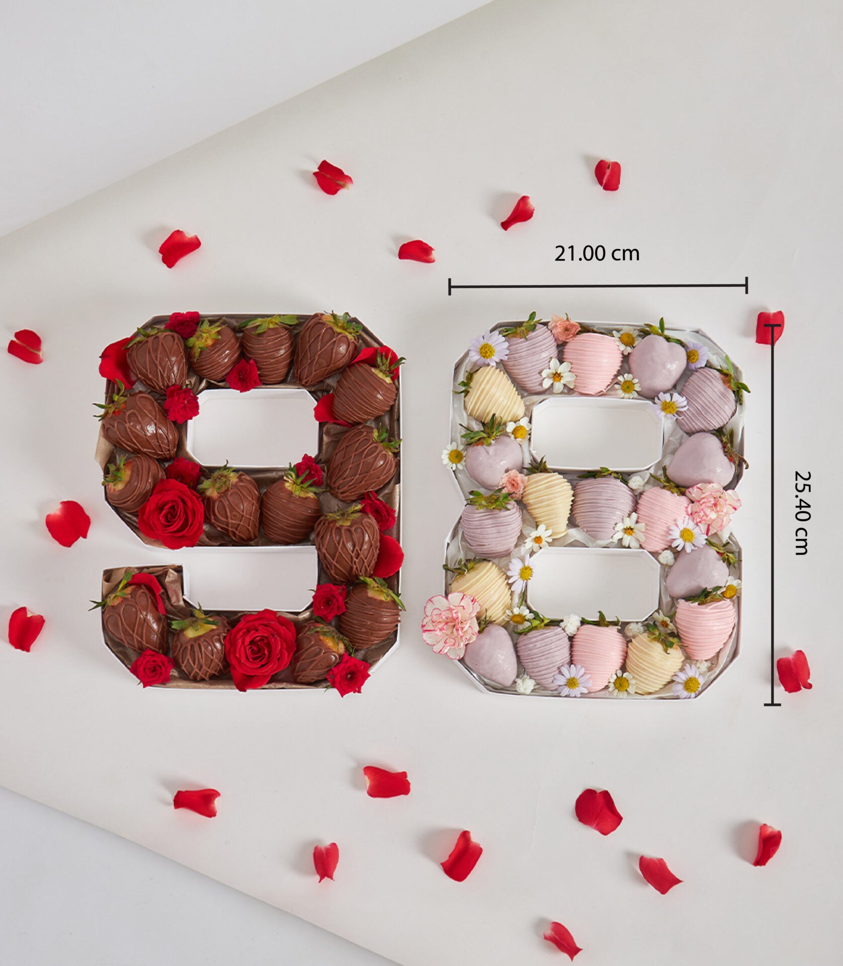 Customizable number-shaped boxes filled with chocolate-covered strawberries, milk and white chocolate varieties with fresh