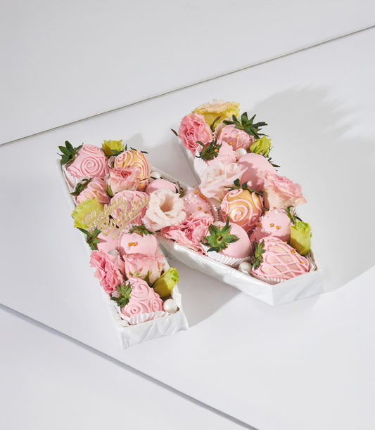 Luxury strawberry and flower letter H with chocolate-covered berries, fresh roses, and gold Happy Birthday pick