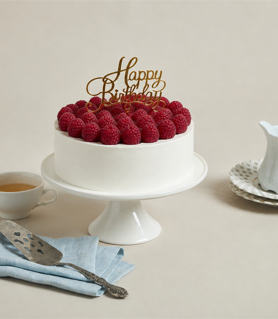 Charlotte Bakery's artisan round birthday cake with smooth white buttercream, topped generously