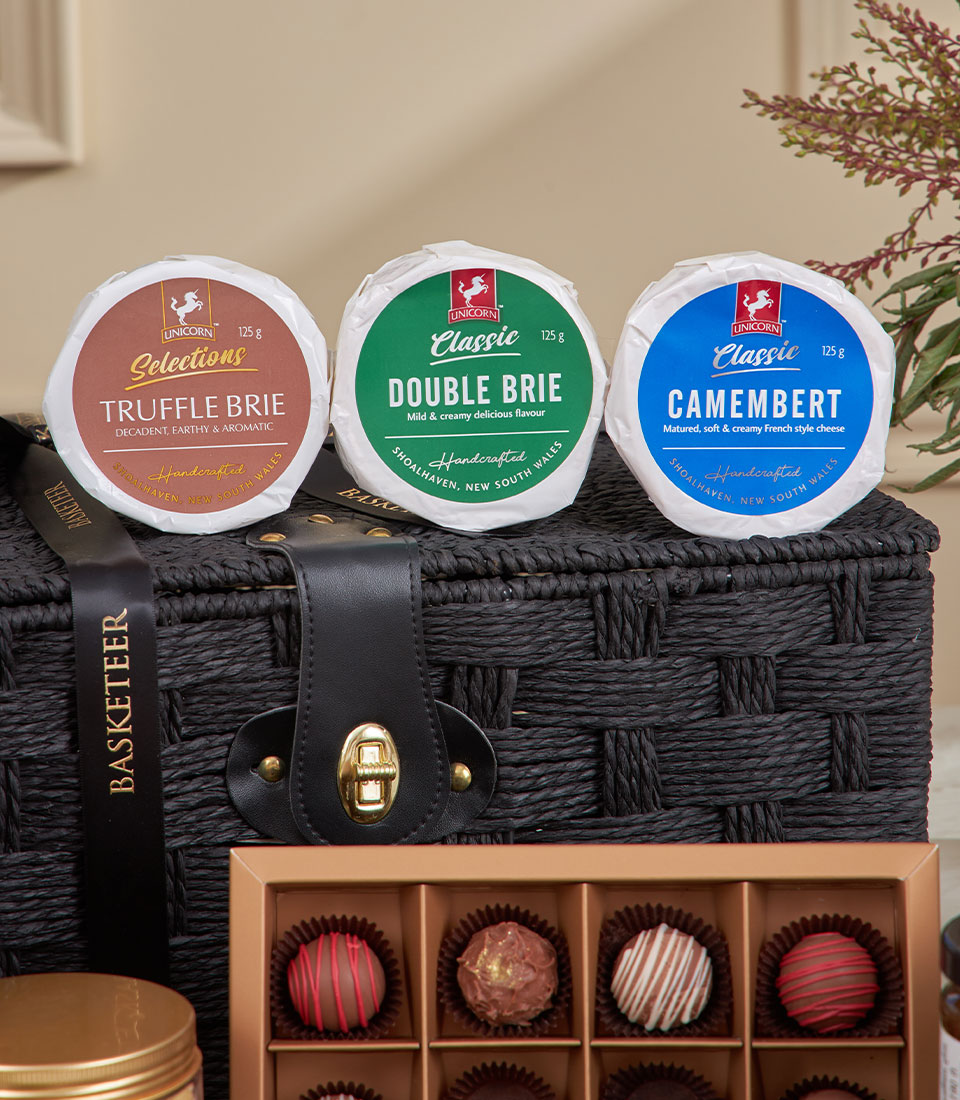 Unicorn Brie and Camembert cheese gift basket with artisan chocolates and gourmet treats