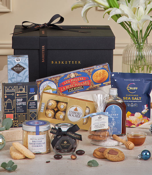 Classic Blue Gourmet Gift Hamper with premium tea, chocolates, honey, and artisan cookies for New Year celebrations