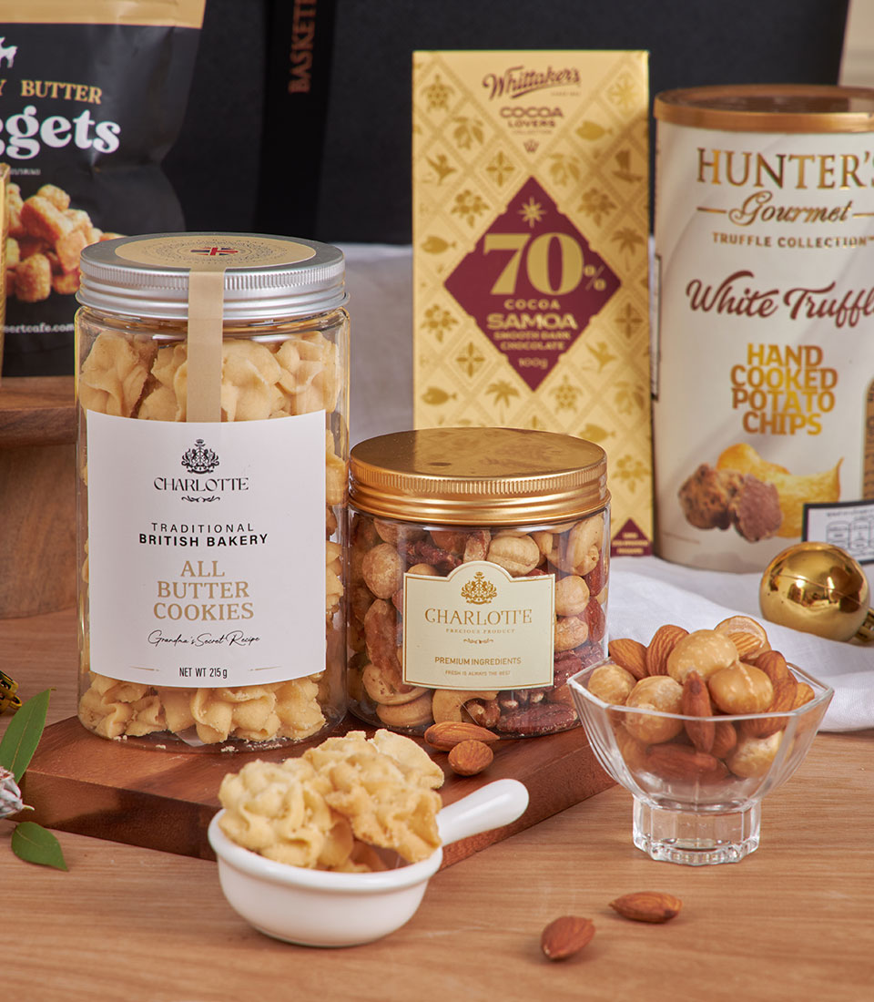 Midnight Earl Grey luxury gourmet gift basket with star cookies, macadamia nuts, and chocolate for New Year