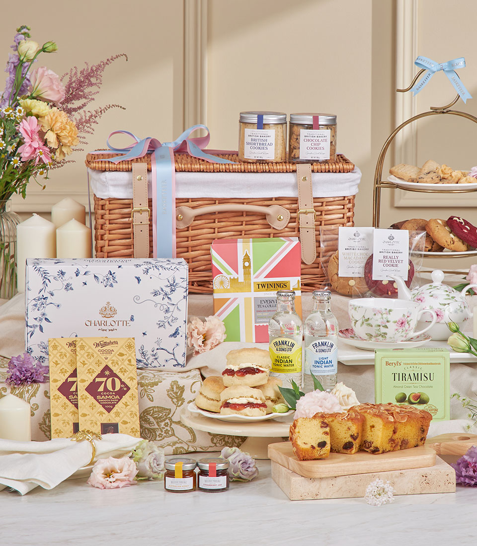 Charlotte Bakery afternoon tea deluxe gift basket with scones, cakes, cookies, jam, and tea service
