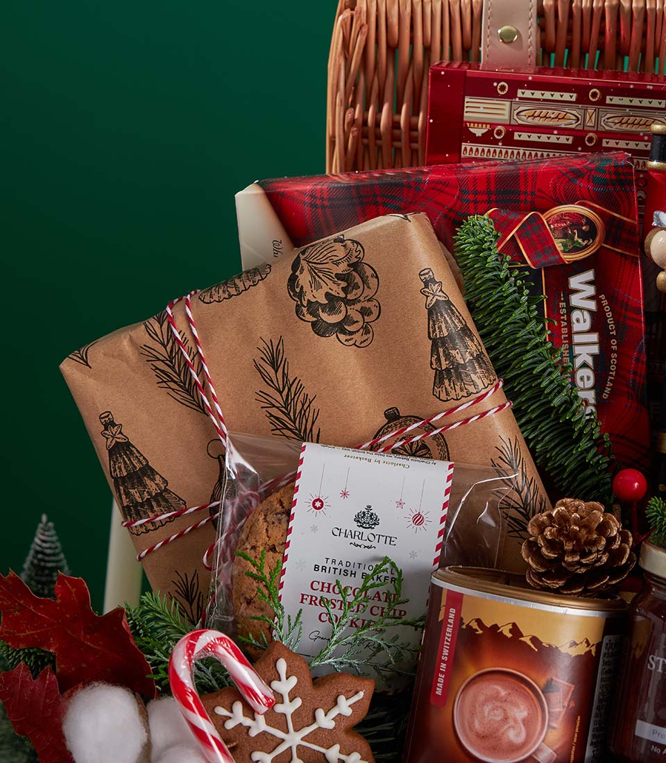 Grand traditional Christmas treats and tea gift basket with Charlotte bakery cookies, Scottish shortbread, Swiss hot