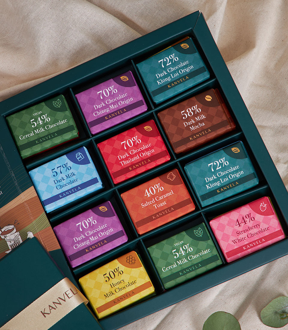 Luxury artisan chocolate collection in teal gift box, twelve craft bars with Thai origins, New Year gift hamper