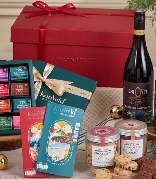 Kanvela chocolate and Cabernet Sauvignon luxury hamper with Charlotte Bakery cookies, festive red gift box with gold ribbon