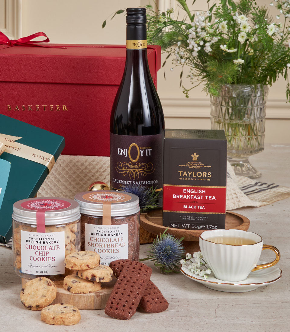 Kanvela Cabernet Sauvignon, English Breakfast tea, and artisan chocolate cookies luxury gift hamper for New Year celebrations
