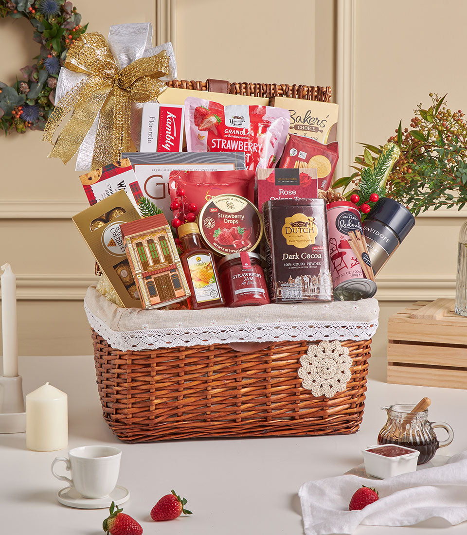 Luxury wicker hamper with gourmet chocolates, tea, honey, jam and artisan biscuits for New Year gifting