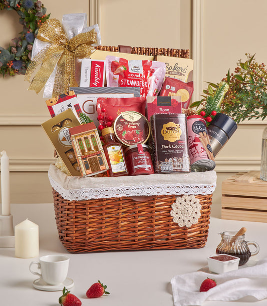 Luxury wicker hamper with gourmet chocolates, tea, honey, jam and artisan biscuits for New Year gifting
