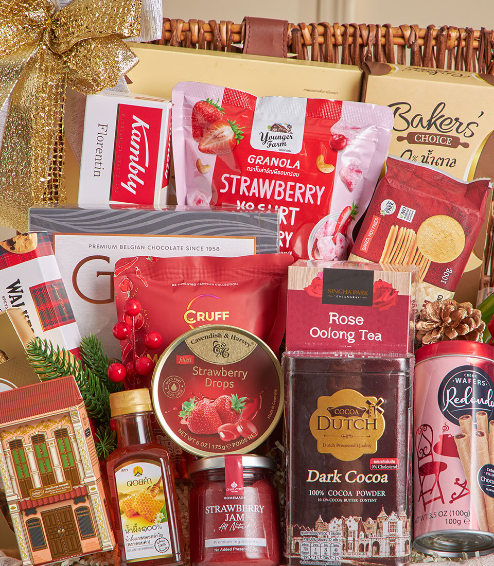 Deluxe chocolate, tea and gourmet snack hamper in red and gold for New Year celebrations