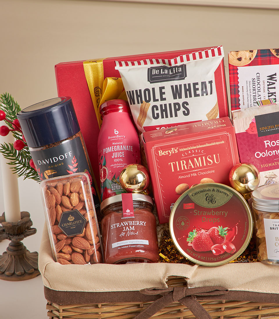 Premium New Year gift hamper with bird's nest, gourmet treats, and artisan delicacies in woven wicker basket