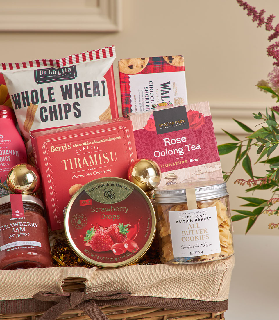 Premium gourmet hamper with bird's nest, cookies, chocolate, tea and jam in woven basket, New Year gift