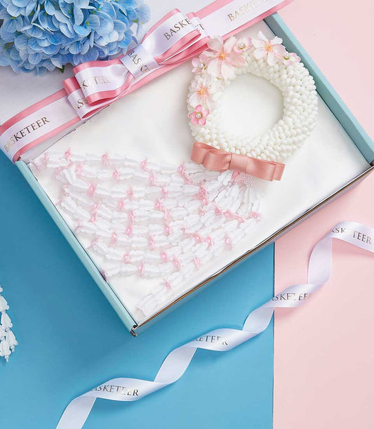 Mother's Day Thai jasmine garland gift box with pink florals and pearls in light blue presentation