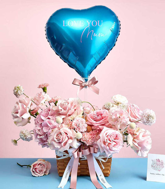 Pink rose and hydrangea basket with heart balloon for Mother's Day