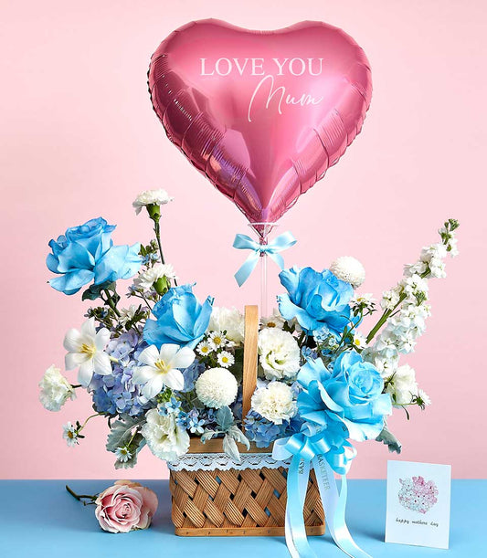 Blue and white roses with hydrangeas in woven basket, heart balloon, Mother's Day gift combo