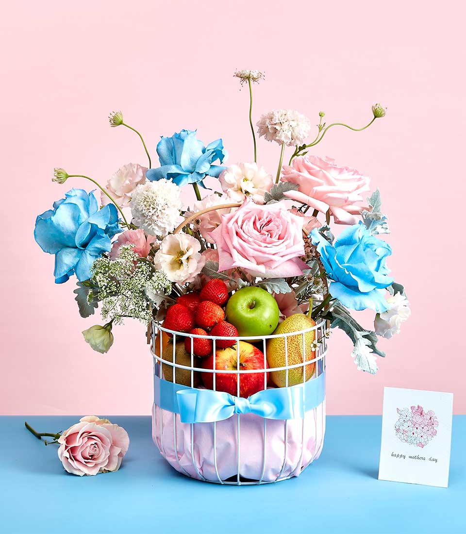 Luxury fruit and fresh flower gift basket for Mother's Day with roses, strawberries, and premium blooms