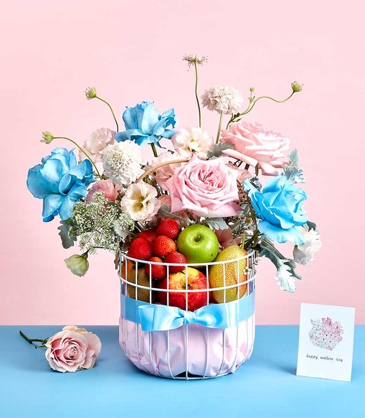 Luxury fruit and fresh flower gift basket for Mother's Day with roses, strawberries, and premium blooms