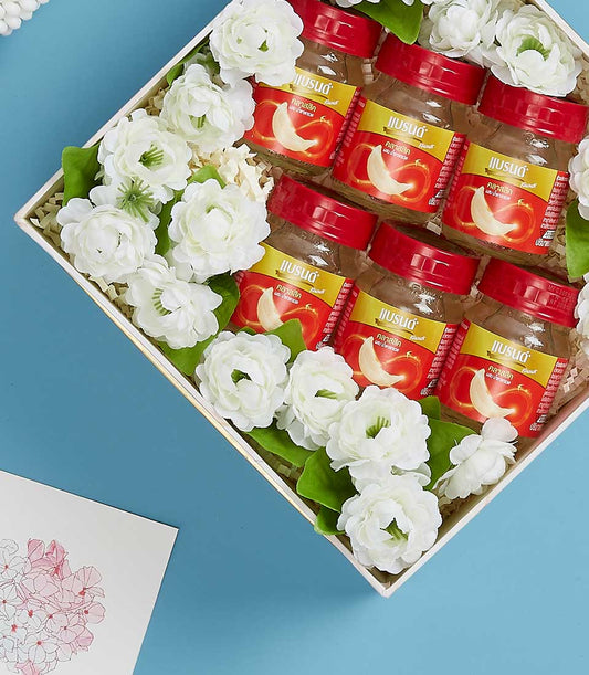 Premium bird's nest gift set with six bottles and white jasmine flowers for Mother's Day