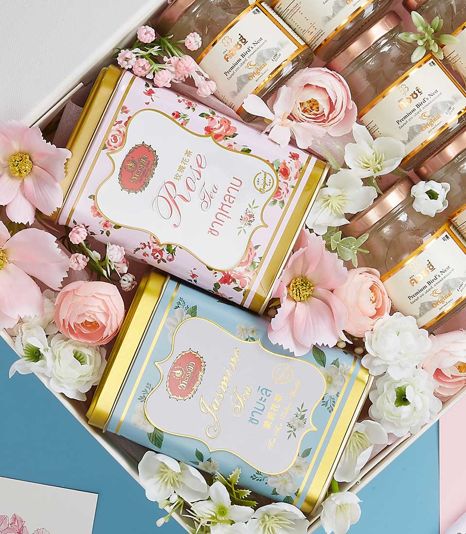 Premium bird's nest and floral tea gift set for Mother's Day with rose and jasmine tea tins