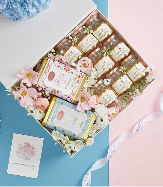 Premium bird's nest gift set for mum with rose and jasmine tea, artisan hamper with flowers