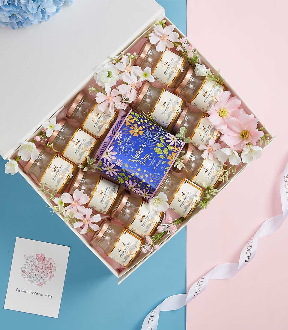 Deluxe premium bird's nest gift box with twelve glass jars, white and gold labels, decorative flowers for Mother's Day