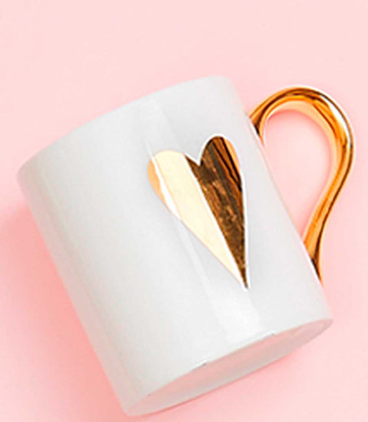 White ceramic mug with gold heart design and gold handle, Mother's Day gift