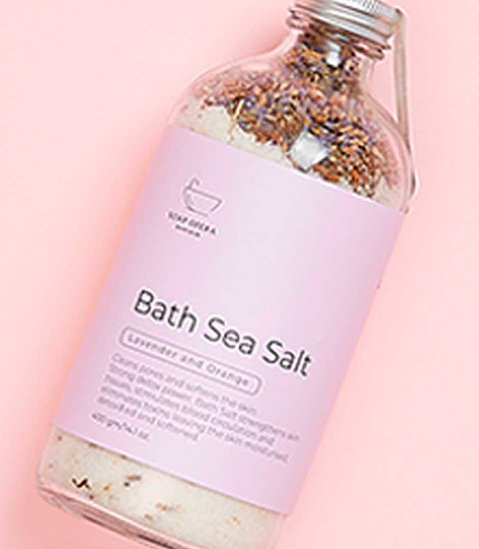 Lavender and orange bath sea salt in glass bottle with silver cap, Mother's Day gift