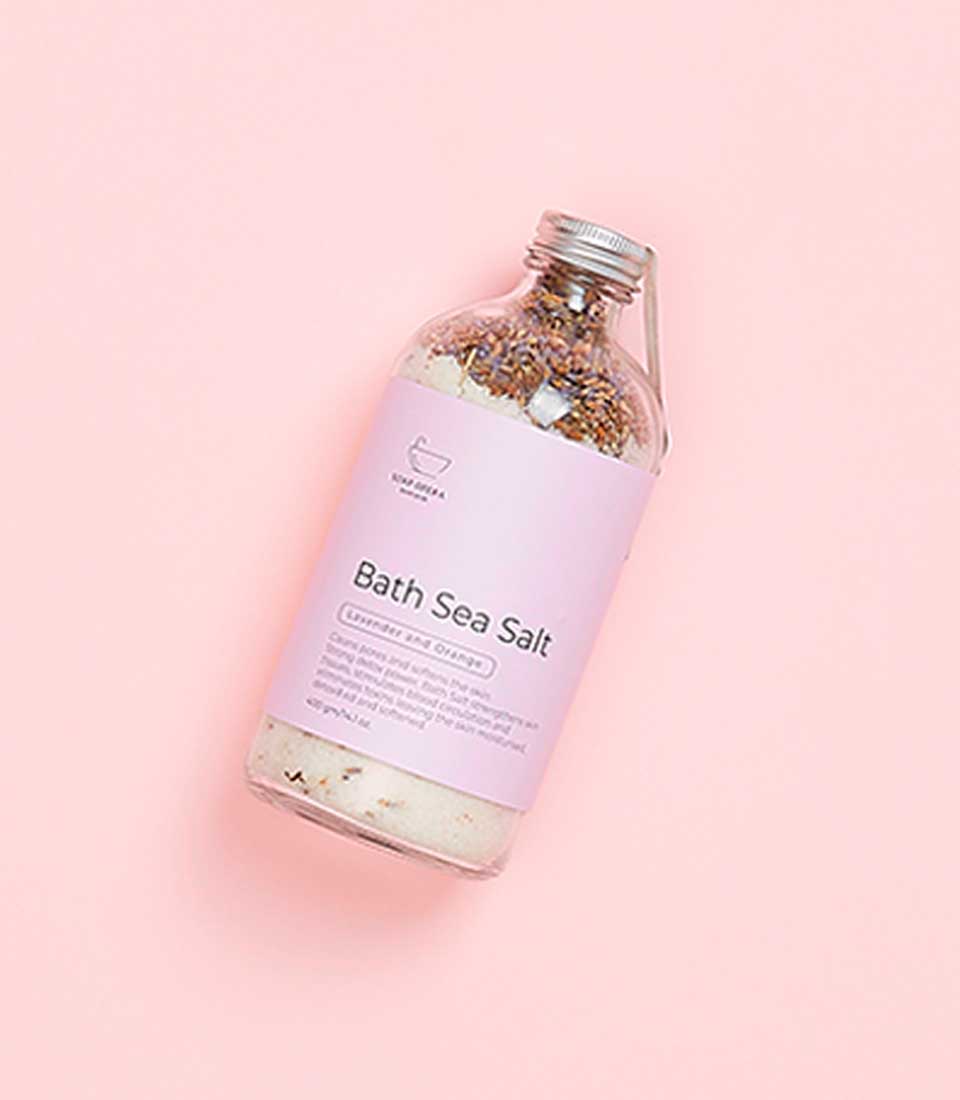 Lavender and orange bath sea salt in glass bottle with silver lid, Mother's Day gift