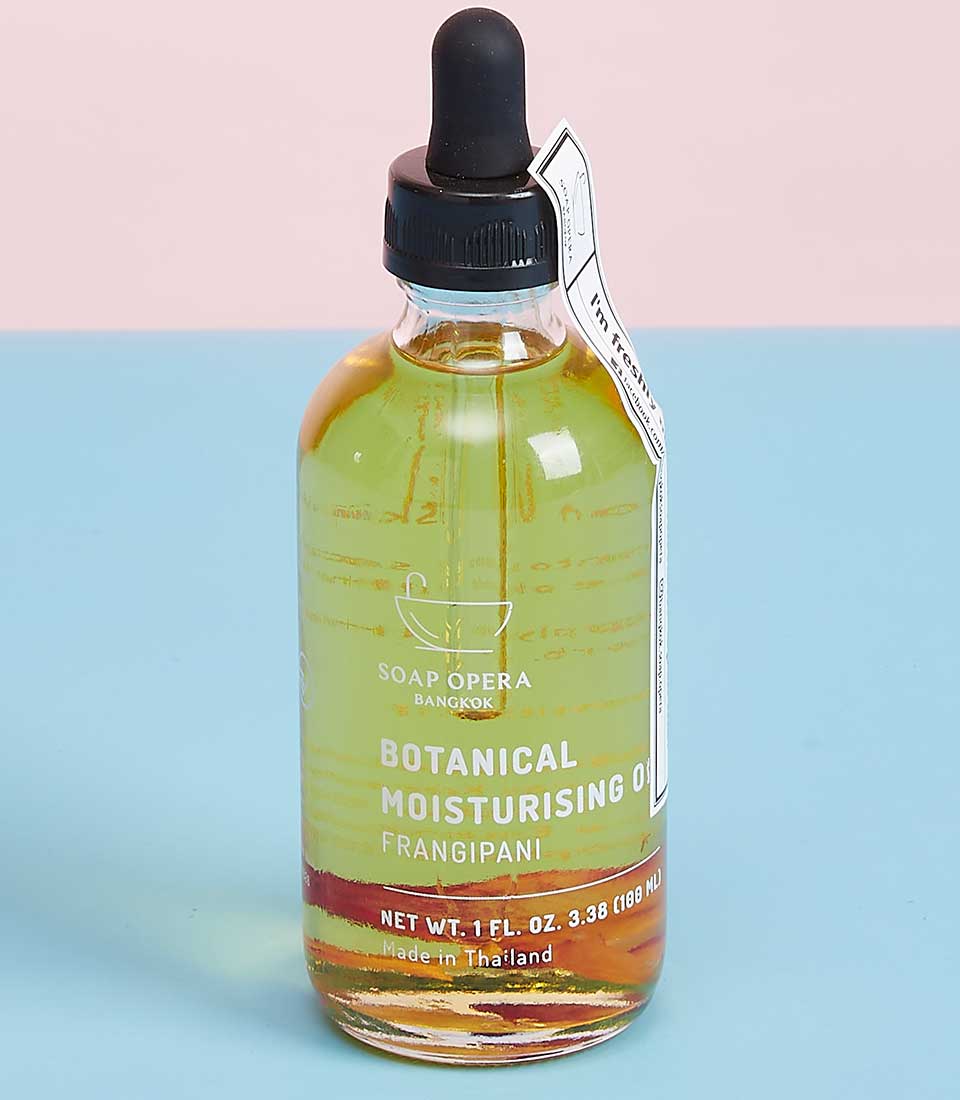Light green botanical moisturising oil with frangipani absolute in glass dropper bottle, Mother's Day gift