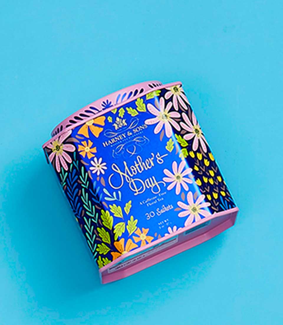Harney & Sons Mother's Day tea tin with 30 sachets, blue floral design with pink and yellow flowers
