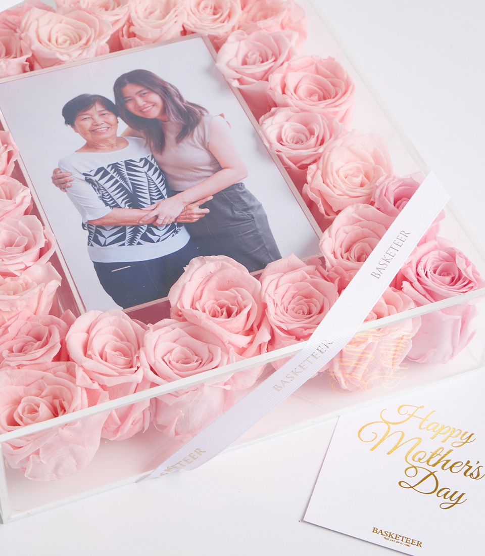 Pink preserved roses with personal photo frame, Mother's Day gift box