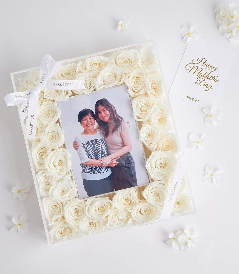 Forever white preserved roses with photo frame, Mother's Day gift keepsake for her
