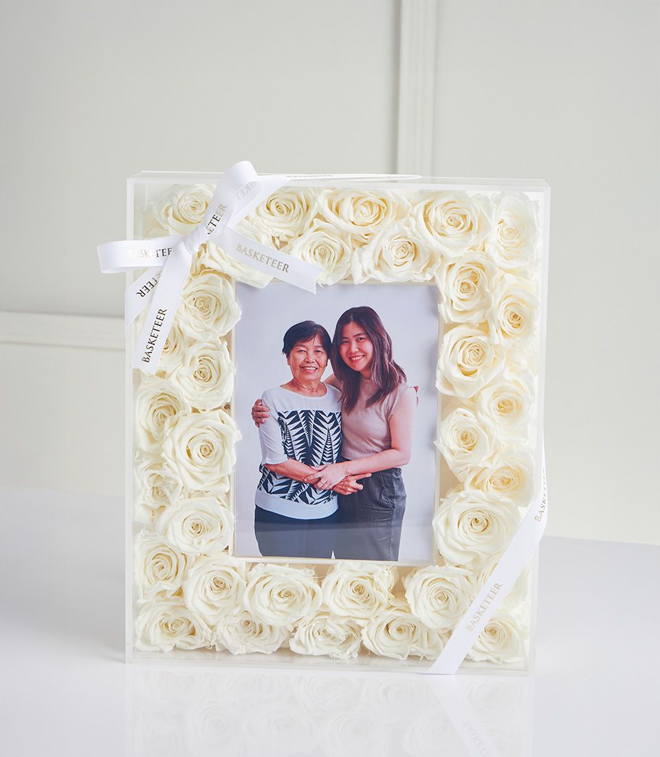 White preserved roses frame photo display with ribbon, Mother's Day gift by Flowers by Basketeer