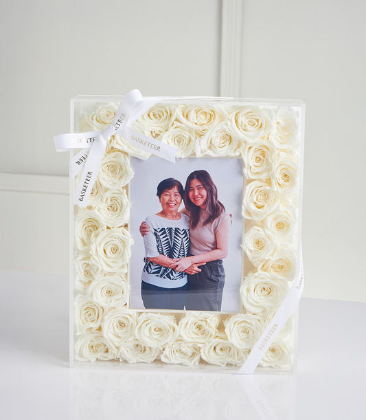 White preserved roses frame photo display with ribbon, Mother's Day gift by Flowers by Basketeer
