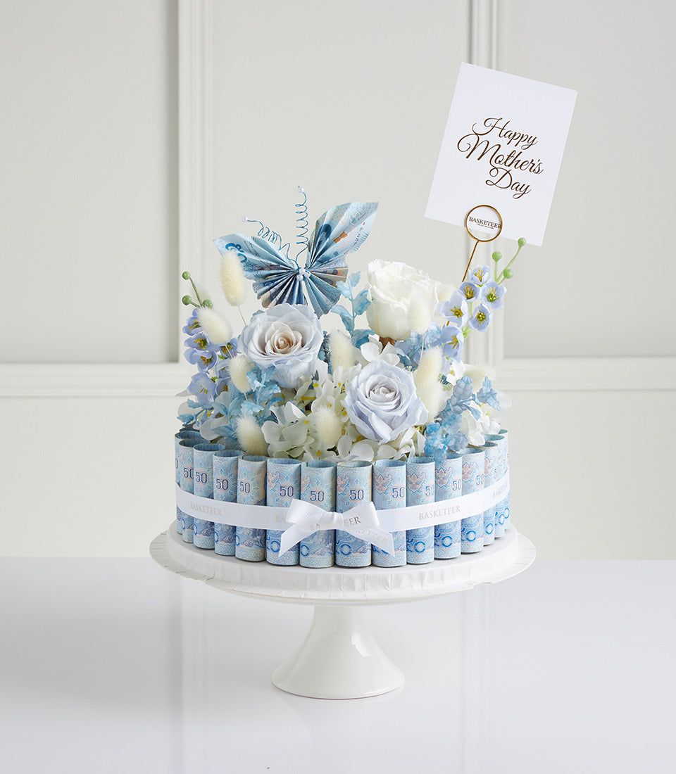 Blue rose and white hydrangea money bouquet with currency notes bow, perfect Mother's Day gift