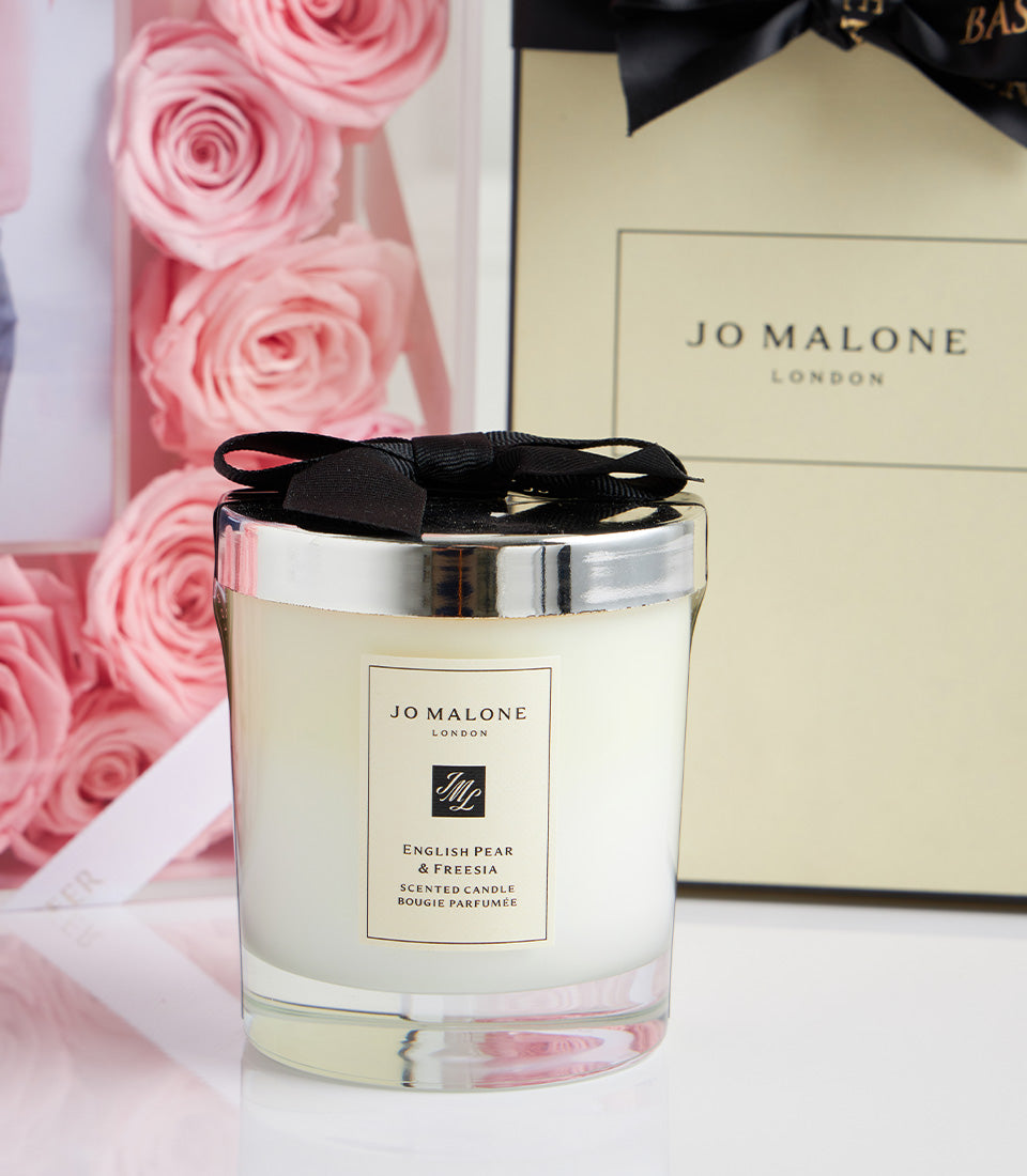 Pink preserved roses with Jo Malone English Pear & Freesia candle Mother's Day gift set