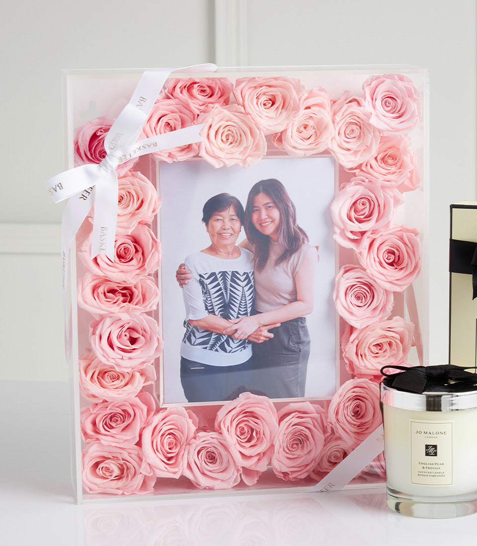 Pink preserved roses frame with Jo Malone candle Mother's Day gift set