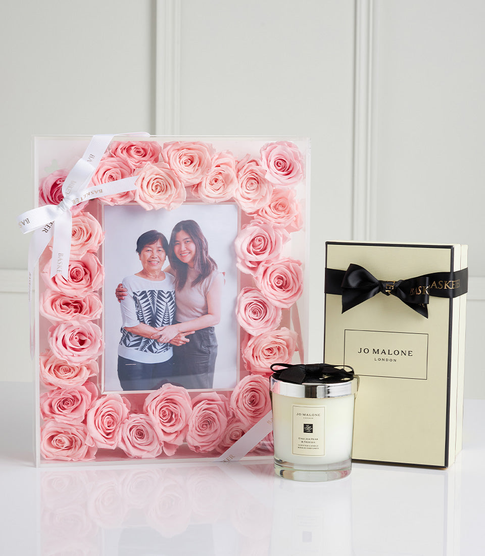 Pink preserved rose photo frame with Jo Malone candle Mother's Day gift set