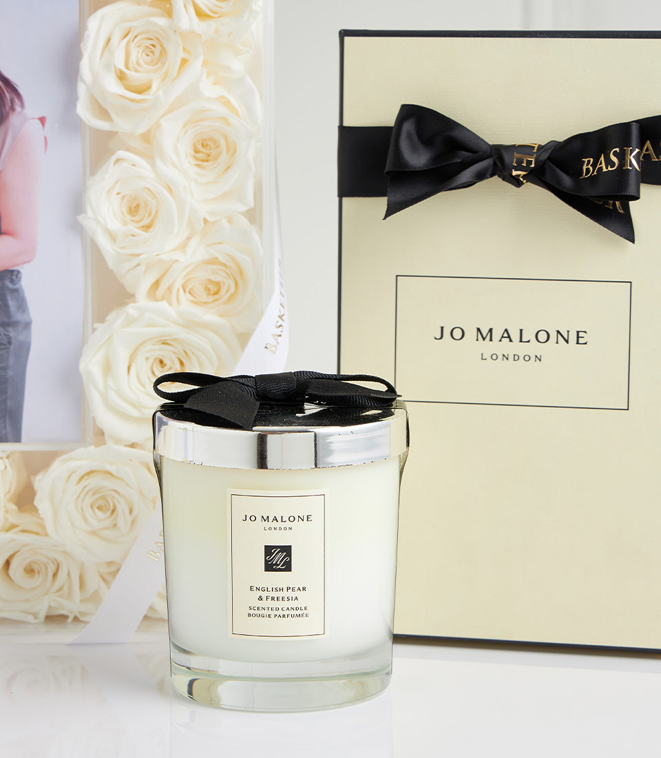 White preserved roses with Jo Malone English Pear & Freesia candle Mother's Day gift set