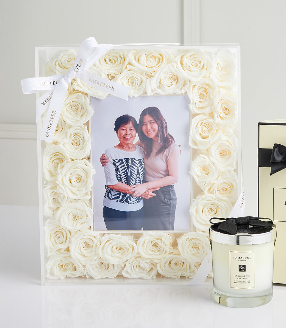 White preserved roses & Jo Malone gift set with framed photo, Mother's Day luxury gift hamper