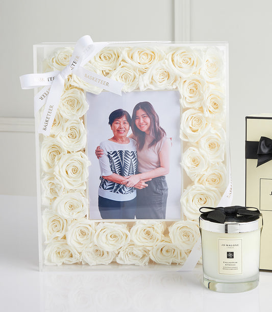 White preserved roses & Jo Malone gift set with framed photo, Mother's Day luxury gift hamper