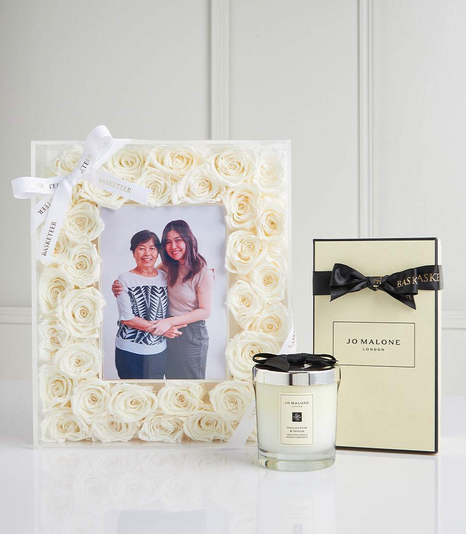 White preserved rose frame with personal photo and Jo Malone English Pear & Freesia candle Mother's Day gift set