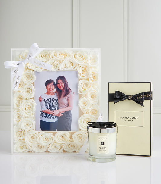 White preserved rose frame with personal photo and Jo Malone English Pear & Freesia candle Mother's Day gift set