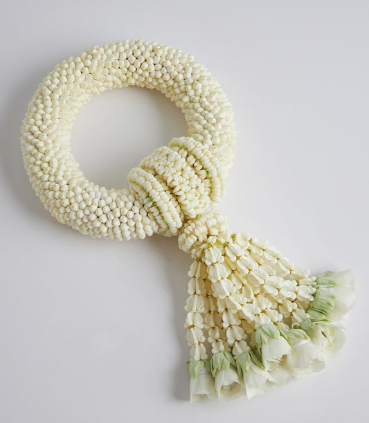 White jasmine phuang malai garland with gardenia tassel and artisan chocolate for Mother's Day