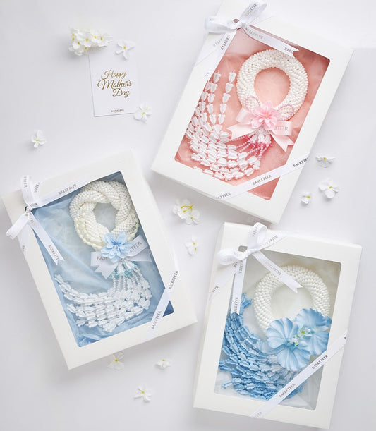 Mother's Day artificial jasmine garland gift set with white flowers and beaded strands in pink and blue colorways