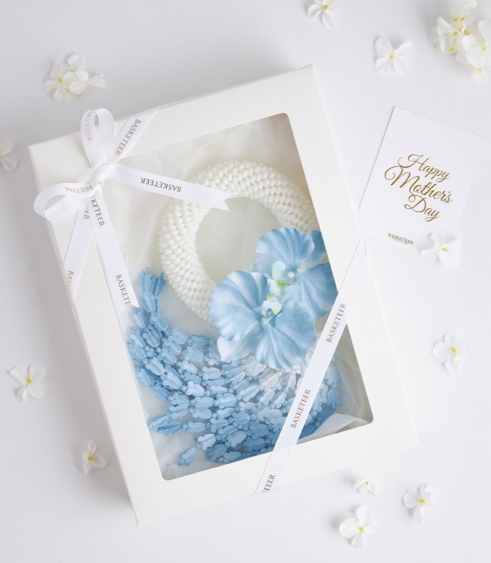 White jasmine phuang malai garland with blue orchid accents in luxury gift box, Mother's Day