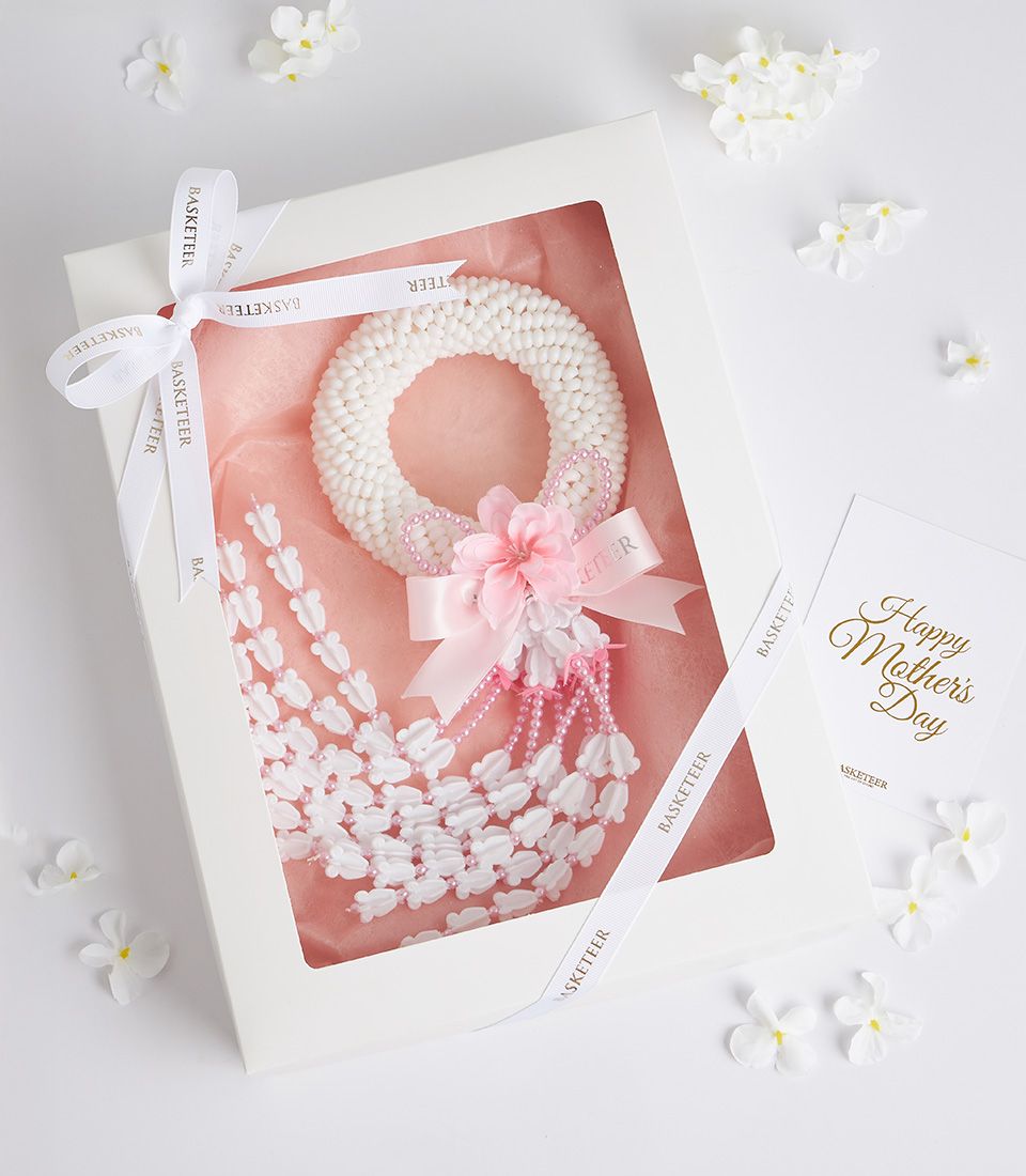 White jasmine garland gift set with pink ribbon and beaded accents for Mother's Day