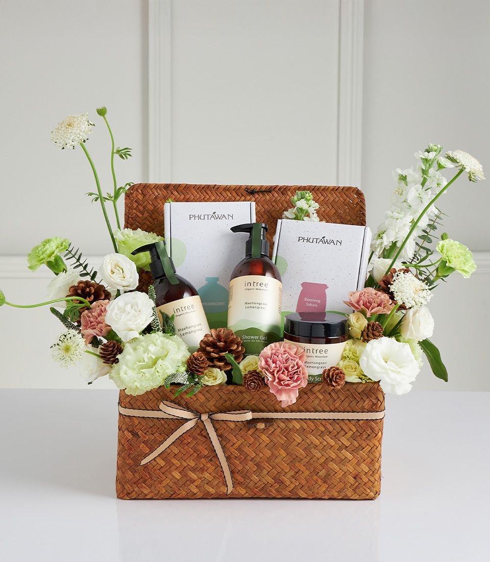 Premium lemongrass spa hamper with fresh roses, wicker basket, and artisan bath products for Mother's Day